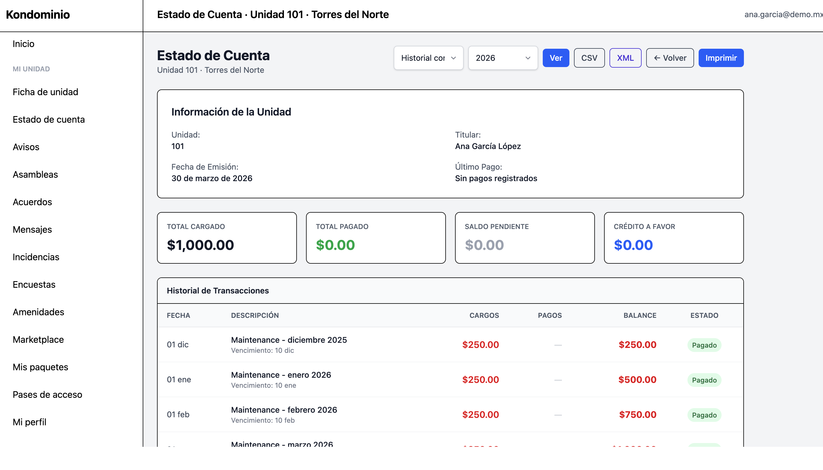 Vista de residente — Kondominio